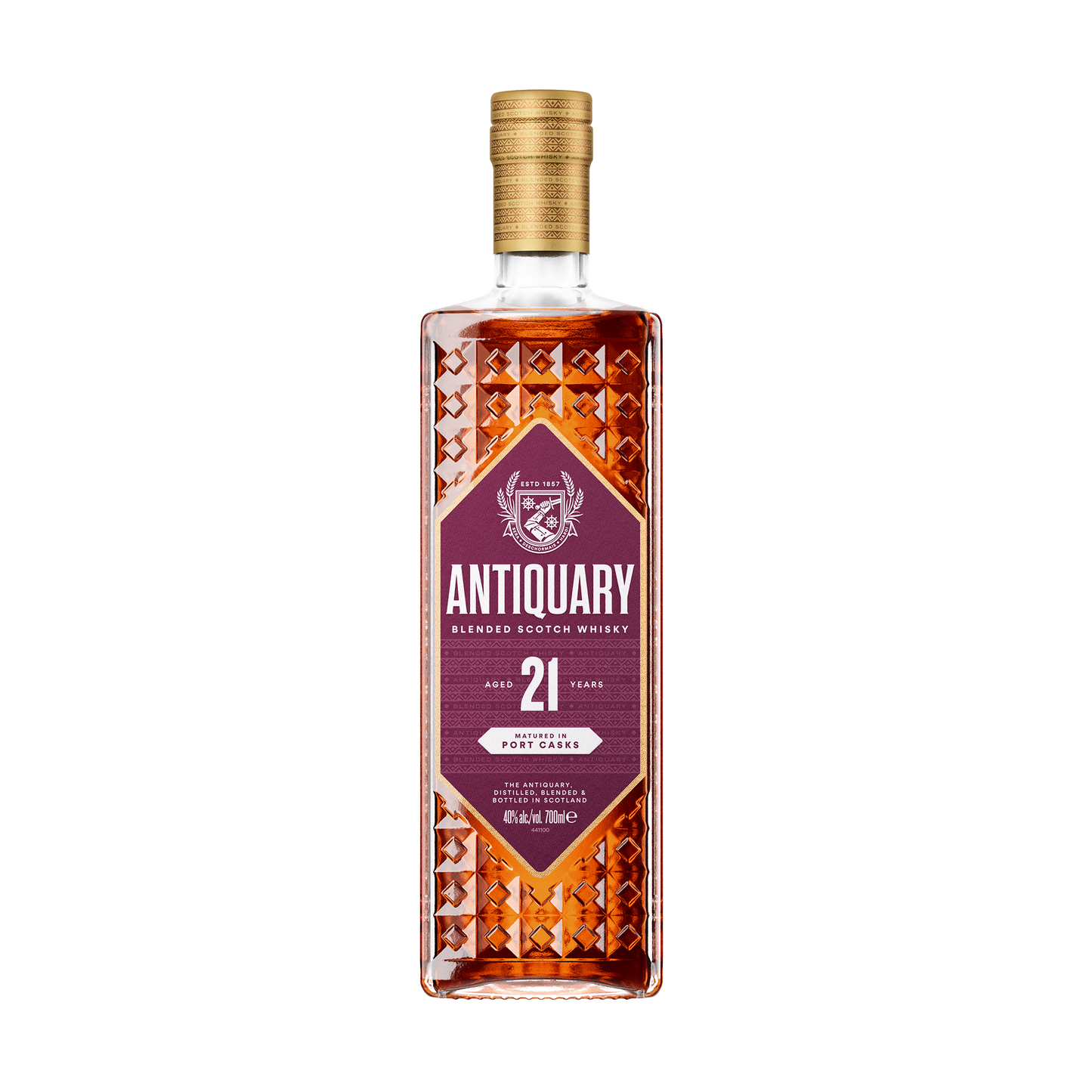 A bottle of the Antiquary 21 year old port cask blended whisky with its purple label and diamond indents on the bottle dark red whisky
