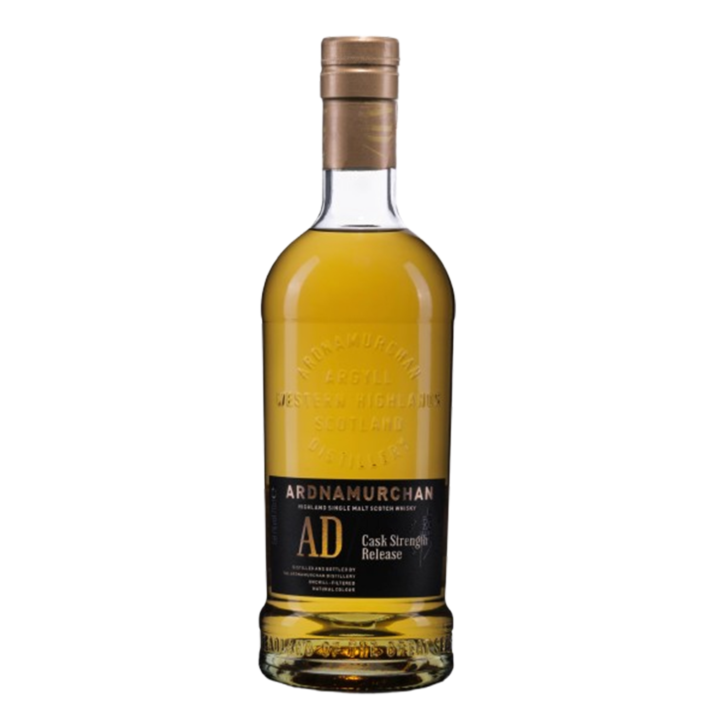 Bottle of Ardnamurchan Cask Strength single malt whisky. Black label with gold branding and embossed branding on the bottle. Whisky is a darker gold colour.