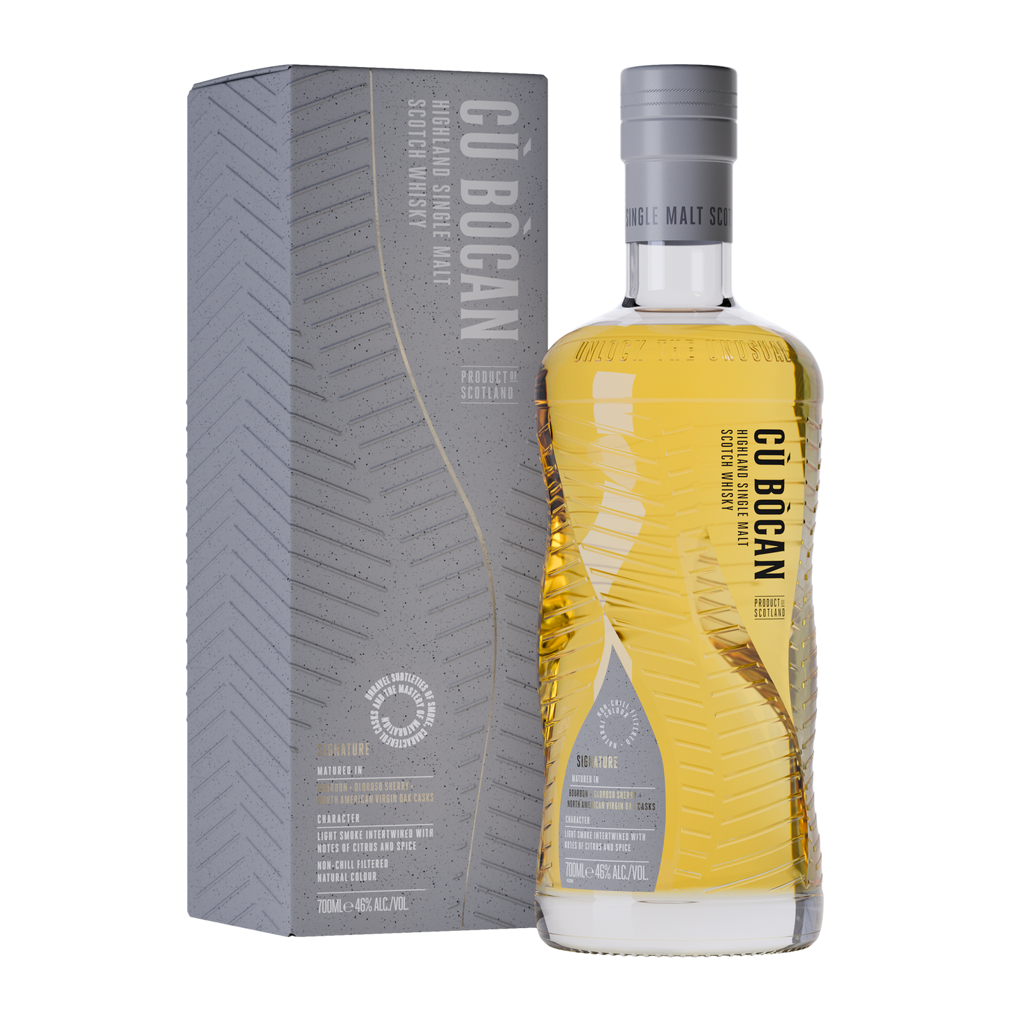 Bottle of cu-bocan single malt whisky from the Tomatin distillery with its twisted embossed bottle filled with gold whisky and a grey label beside its grey carton with branding