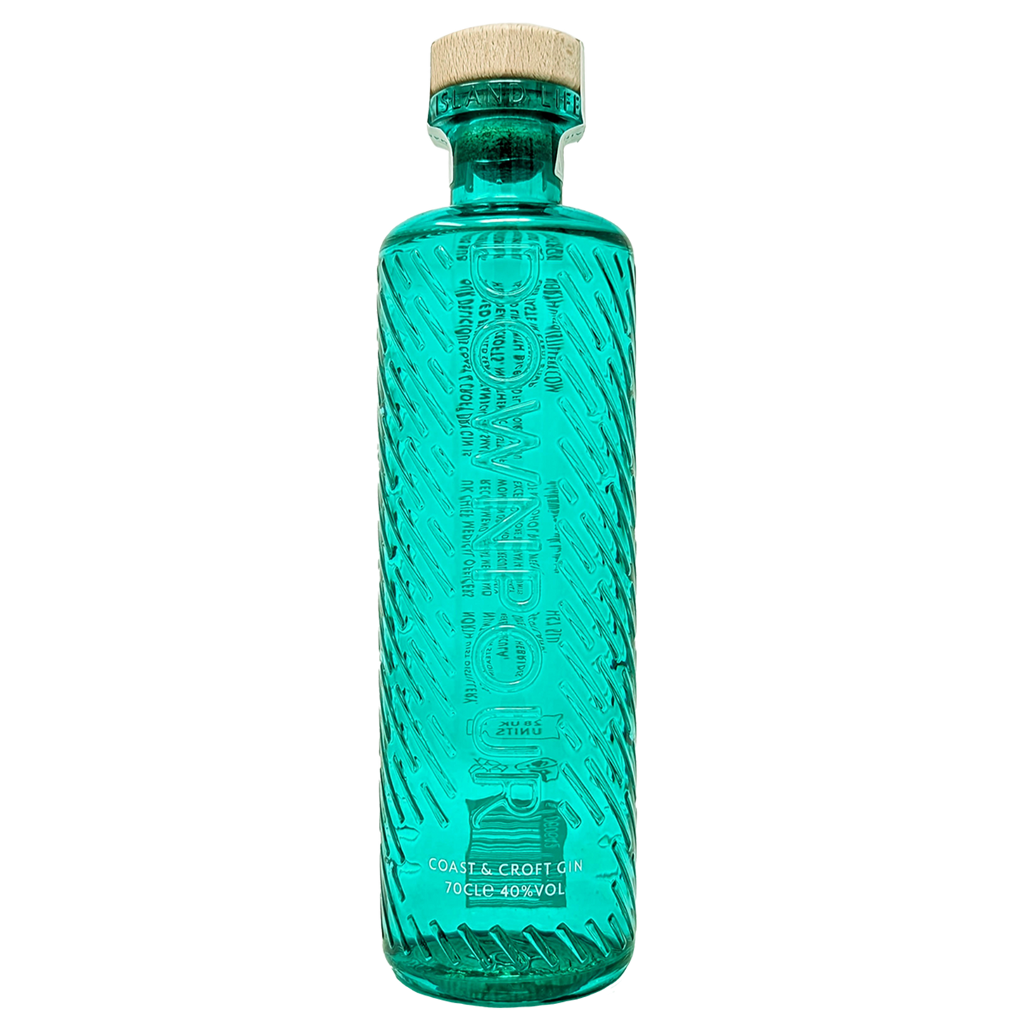 Bottle of downpours coast & croft original gin from the north uist distillery in its teal green bottle