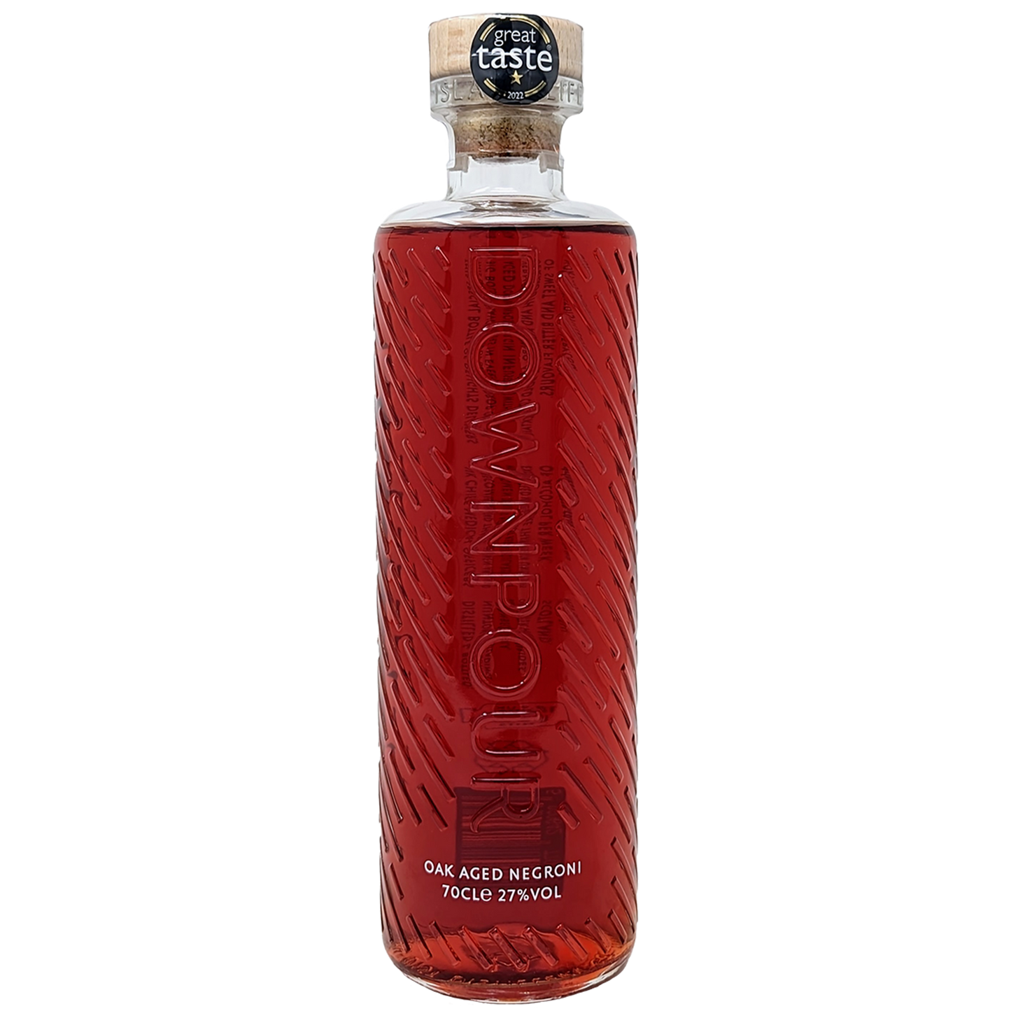Bottle of downpours oak aged negroni pre mixed gin cocktail from the north uist distillery in its clear bottle and red liquid