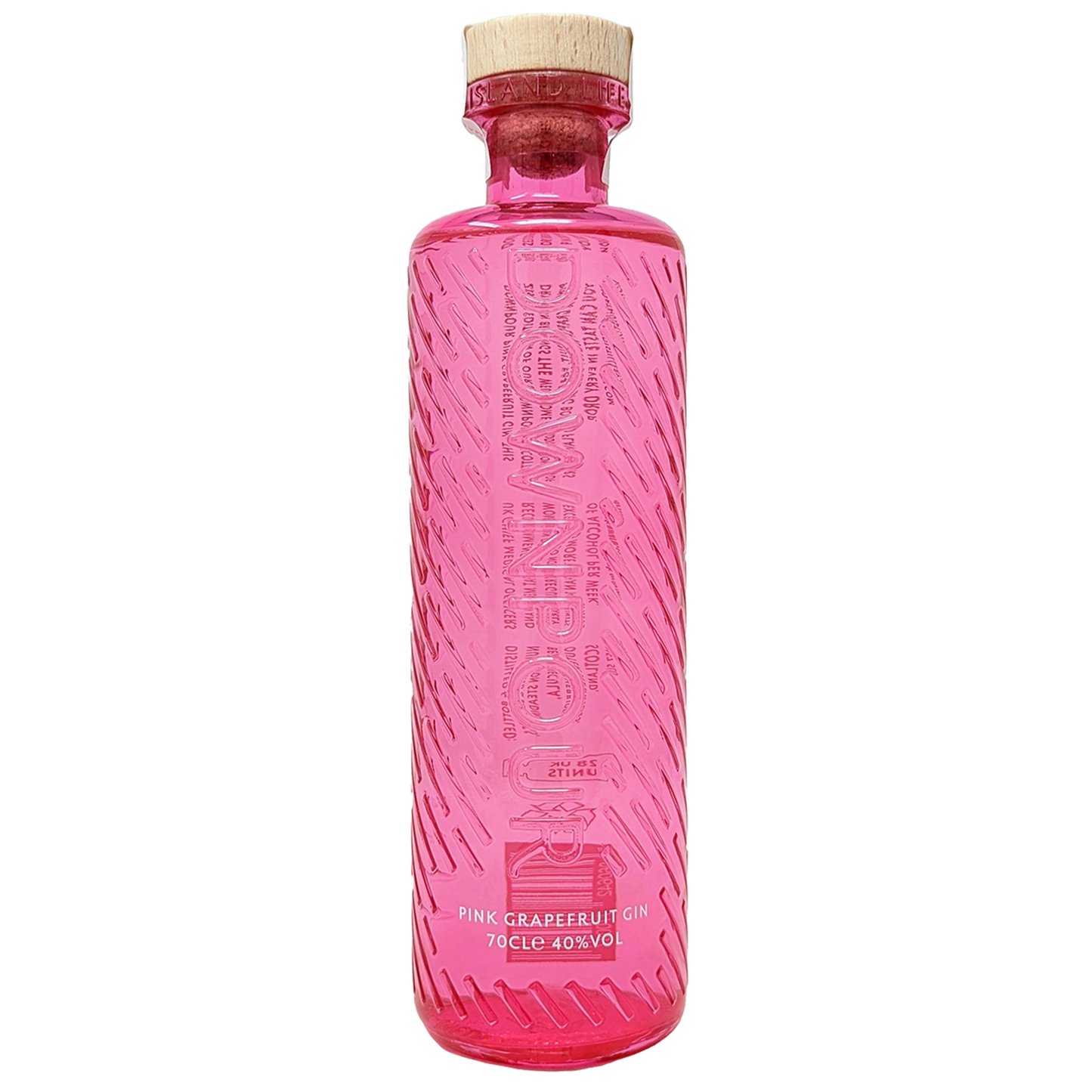 Bottle of downpours pink grapfruit gin from the north uist distillery in its bright pink bottle