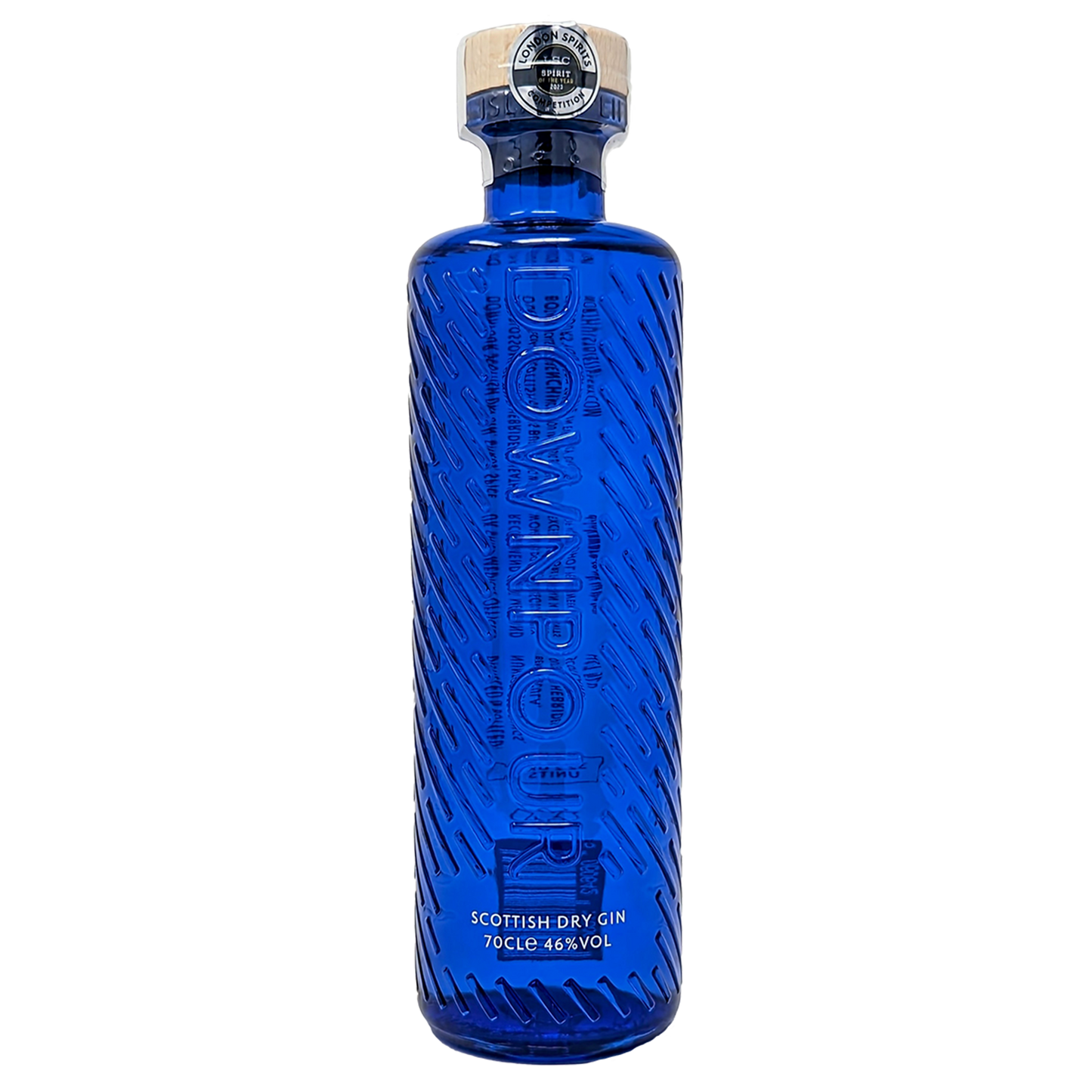 Bottle of downpours original scottish dry gin from the north uist distillery in its vibrant dark blue bottle