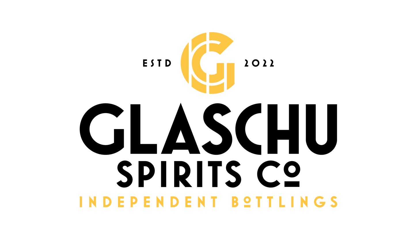 Logo for Glaschu Spirits Co Independent bottling. Large yellow G cut into sections with black Glaschu Spirits Co underneath and Independent bottlings in yellow underneath