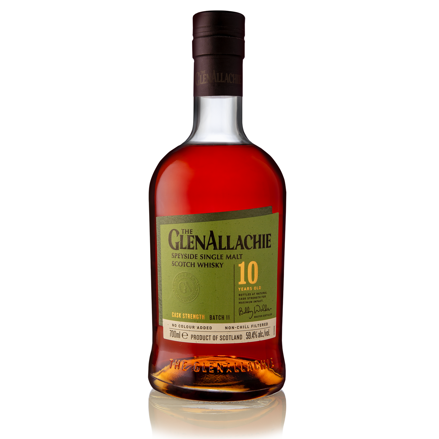 a bottle of glenallachie 10 year old single malt with its green label and black logo filled with dark red whisky