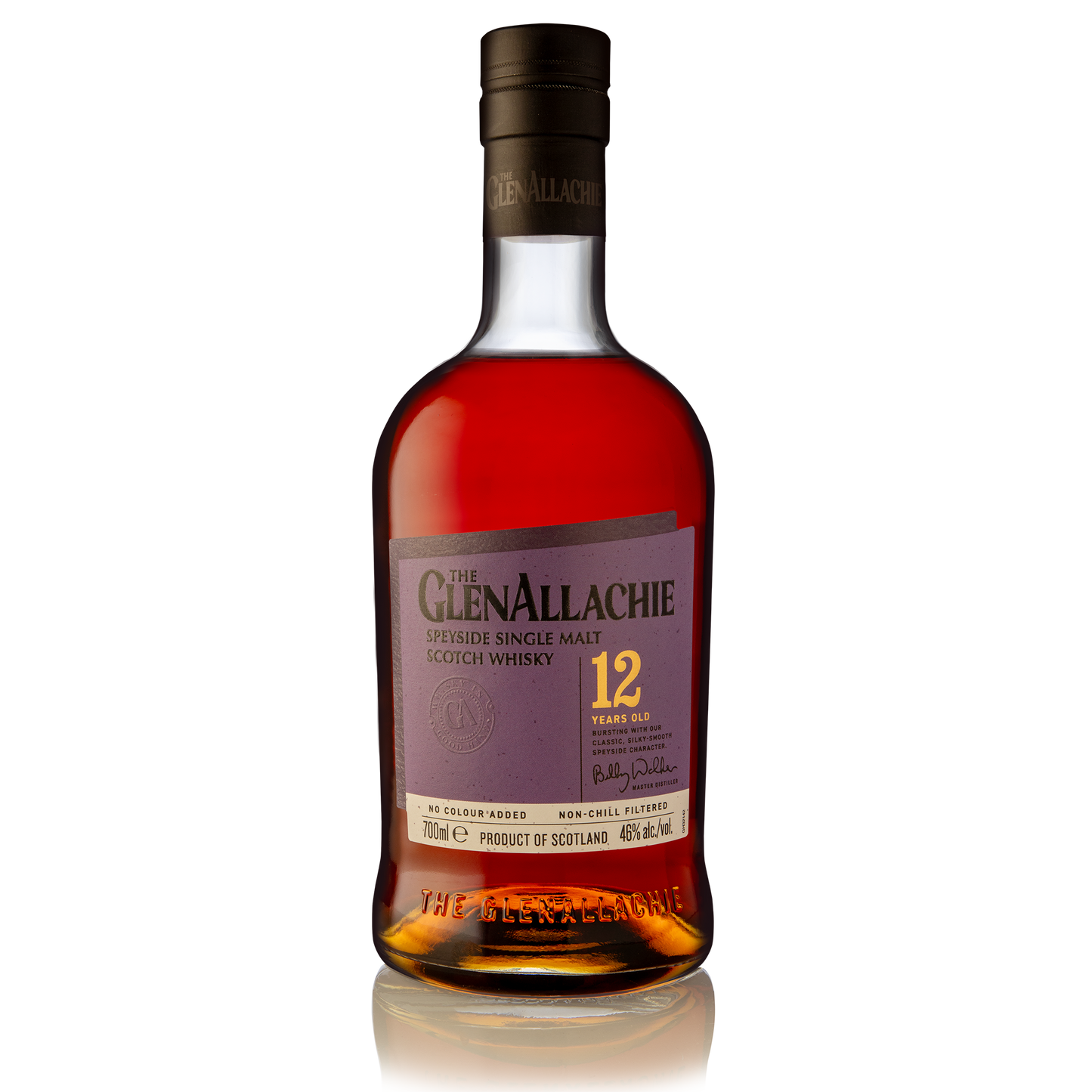 a bottle of glenallachie 12 year old single malt with its purple label and black logo filled with dark red whisky