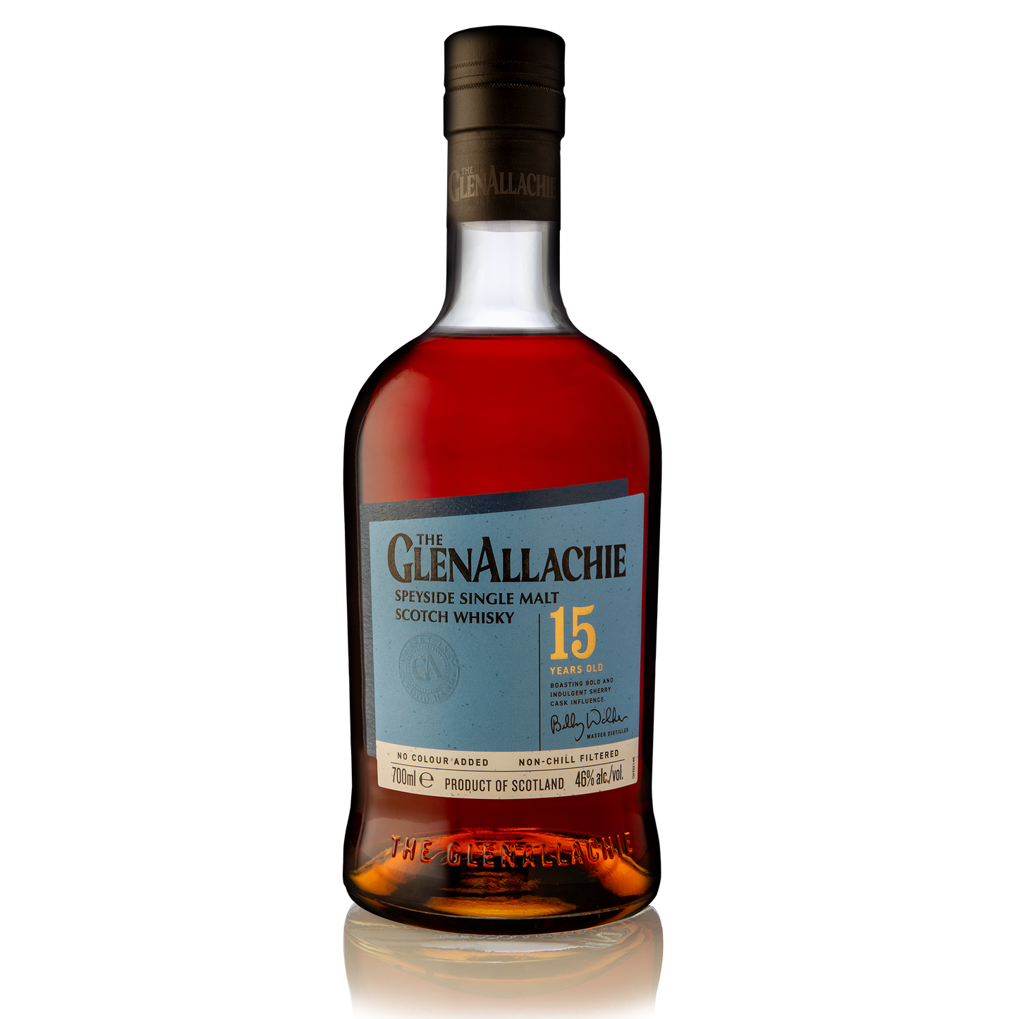 a bottle of glenallachie 15 year old single malt with its light blue label and black logo filled with a dark red whisky
