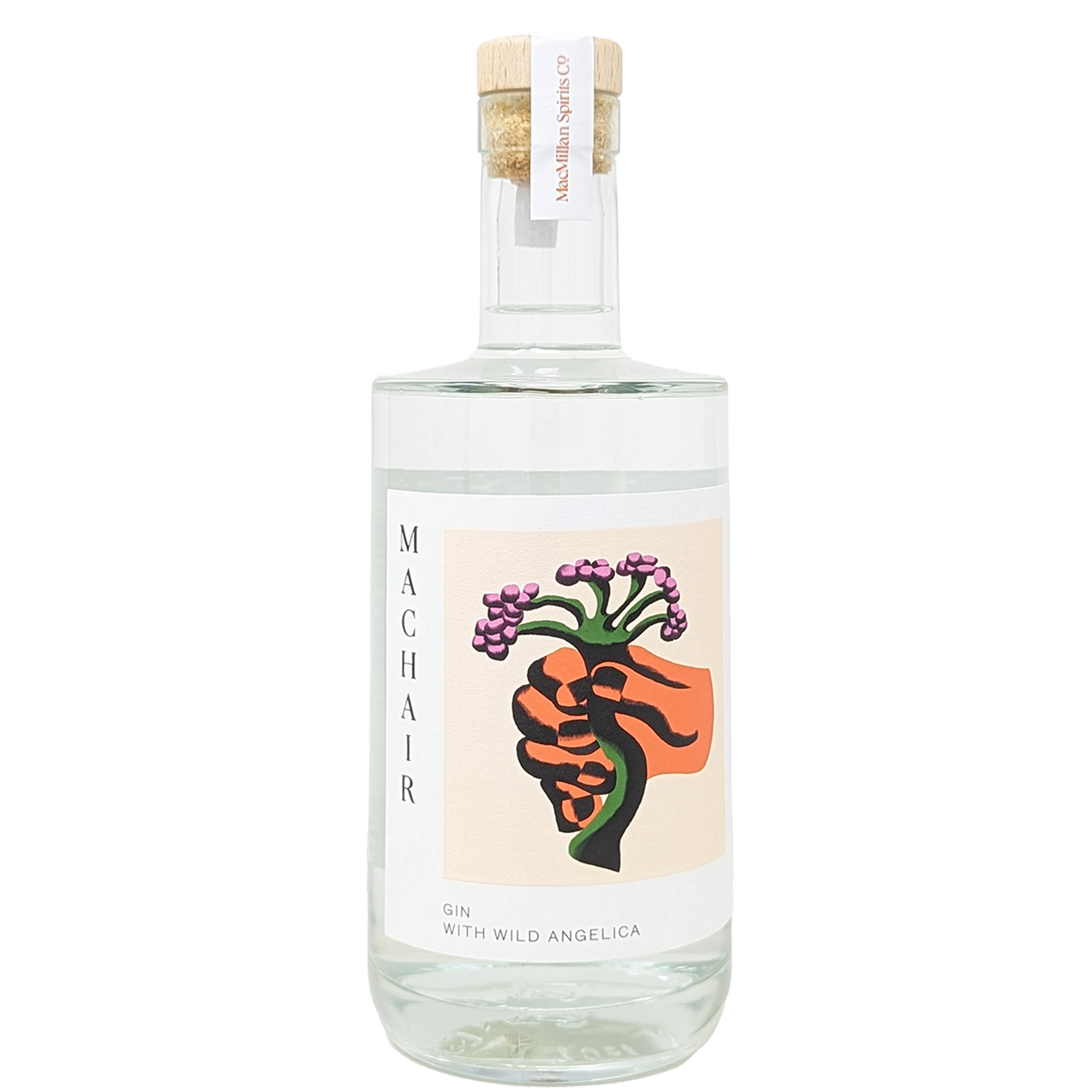 a bottle of machair gin from the benbecula distillery with a label depicting a hand holding a wild angelica plant