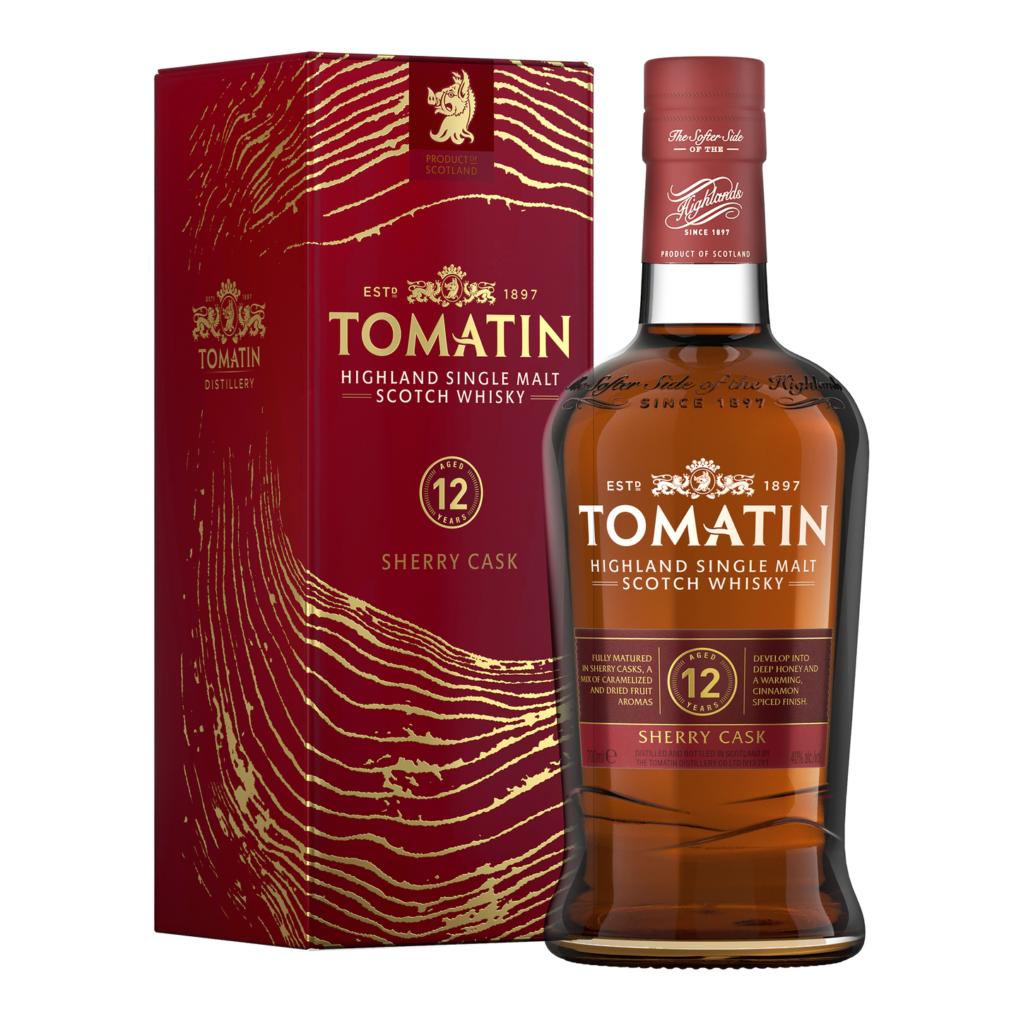 A bottle of tomatin 12 sherry cask release single malt whisky beside its red carton with gold wood ring marks on it dark red whisky