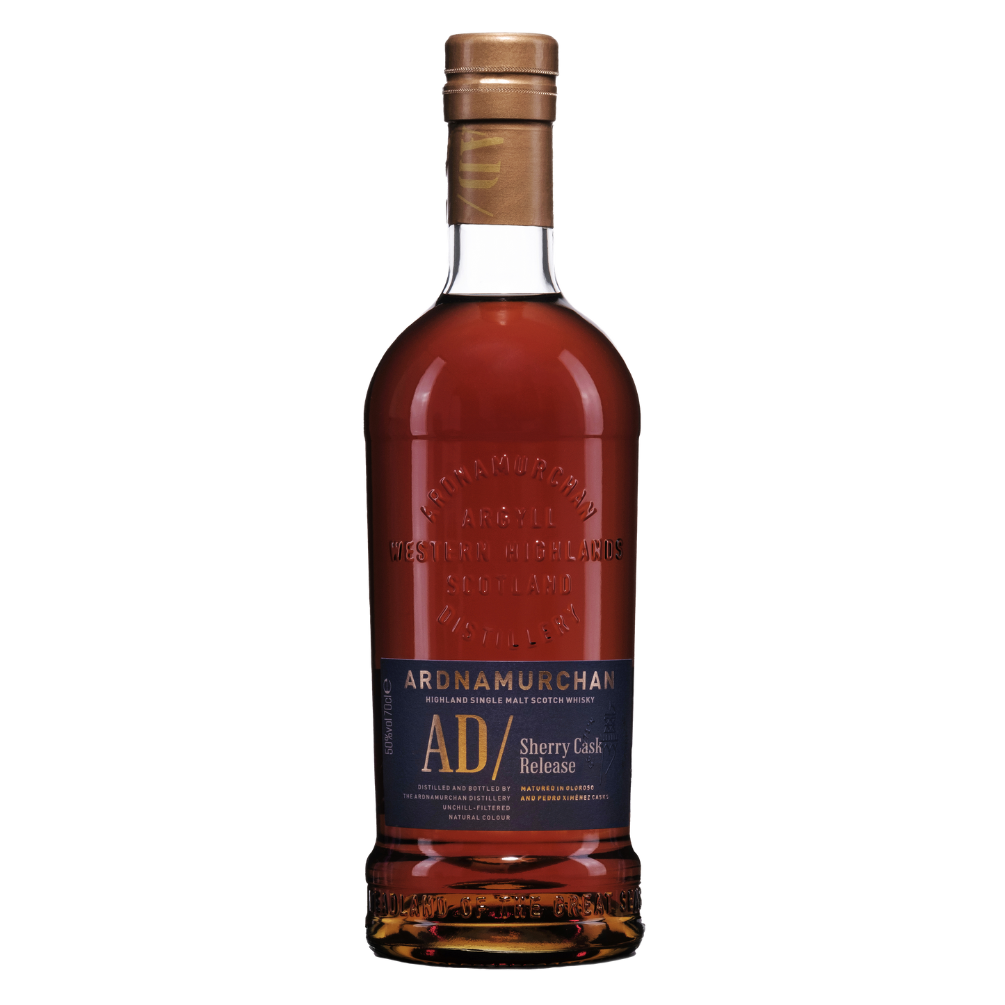 A bottle of Ardnamurchan Sherry release single malt dark red whisky in a bottle embossed with the adrnamurchan logo and a navy blue label with gold writing