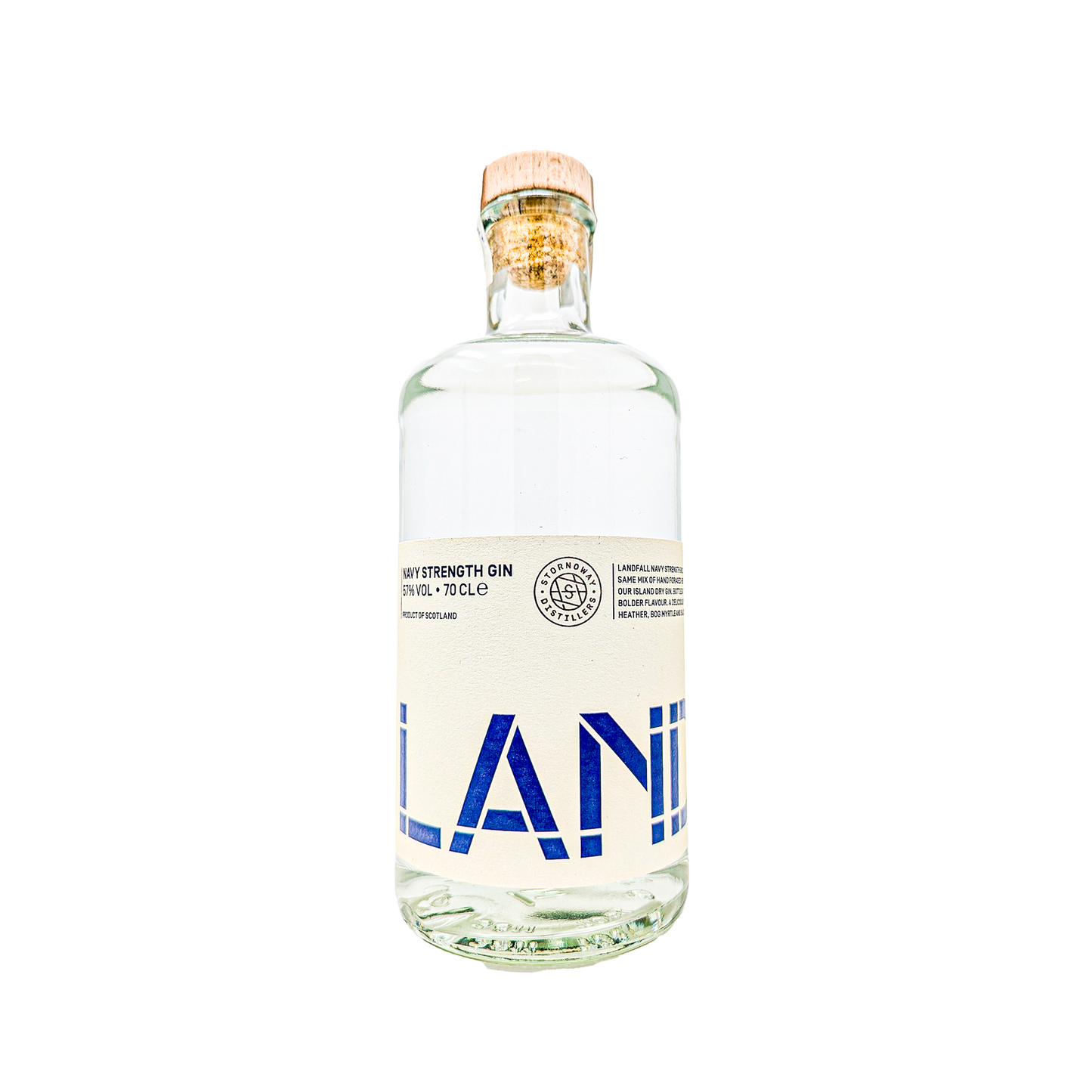 bottle of the Landfall navy strength gin with white and blue label from the Stornoway distillers