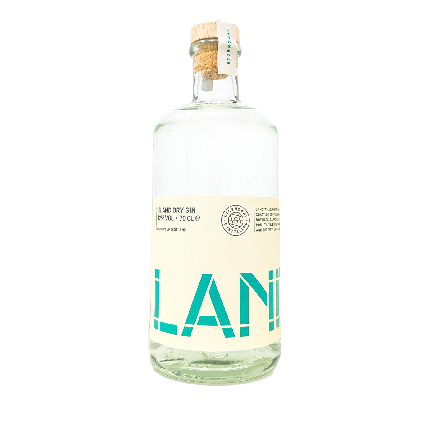 a bottle of the Landfall gin from the stornoway distillers with its white and green label