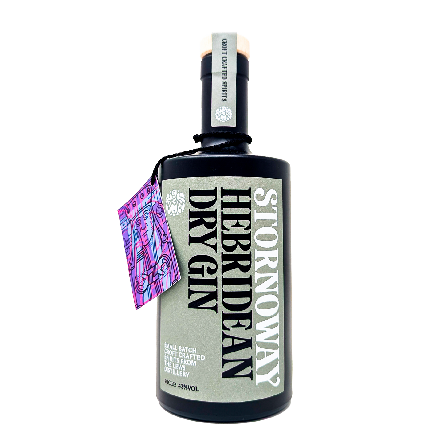 A bottle of stornoway hebridean dry gin from the lews distillery, black bottle with a grey label and a purple tag with a lewis chessman.