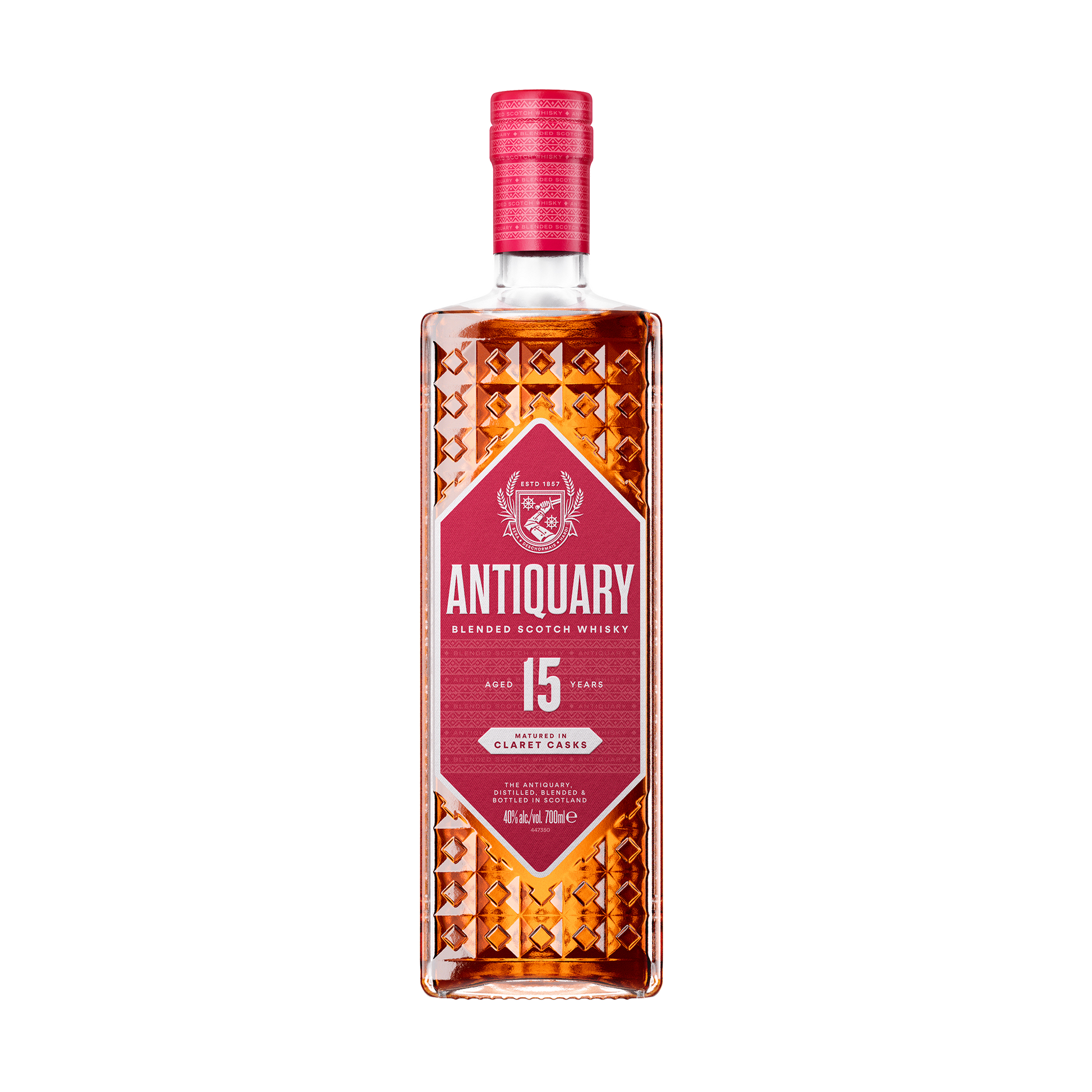 a bottle of the antiquary 15 claret cask blended whisky with its red label and its diamond shape indented bottle with dark red whisky 
