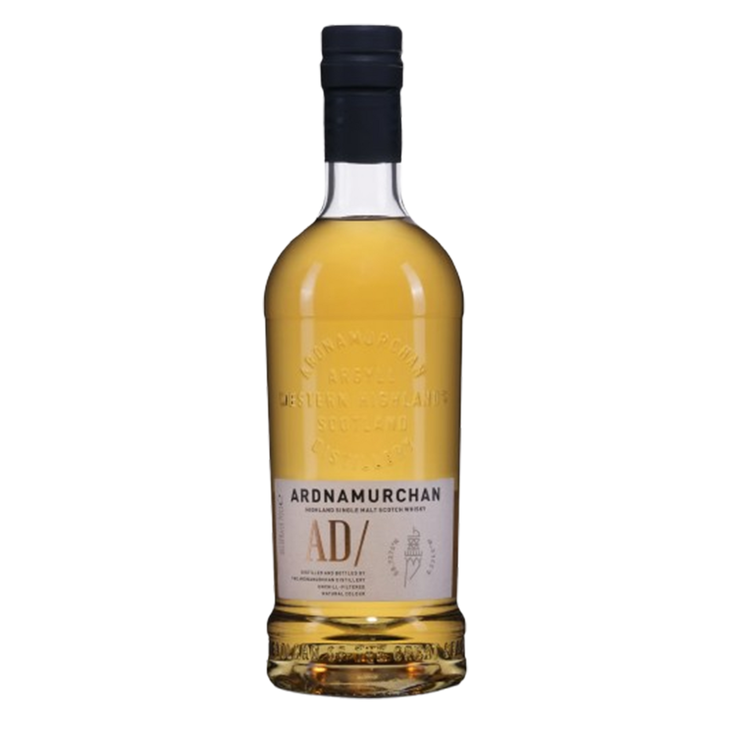 Bottle of ardnamurchan core single malt whisky from the ardnamurchan distillery. Bottle has a white label with branding and embossed branding on the bottle. Whisky is gold in colour. 
