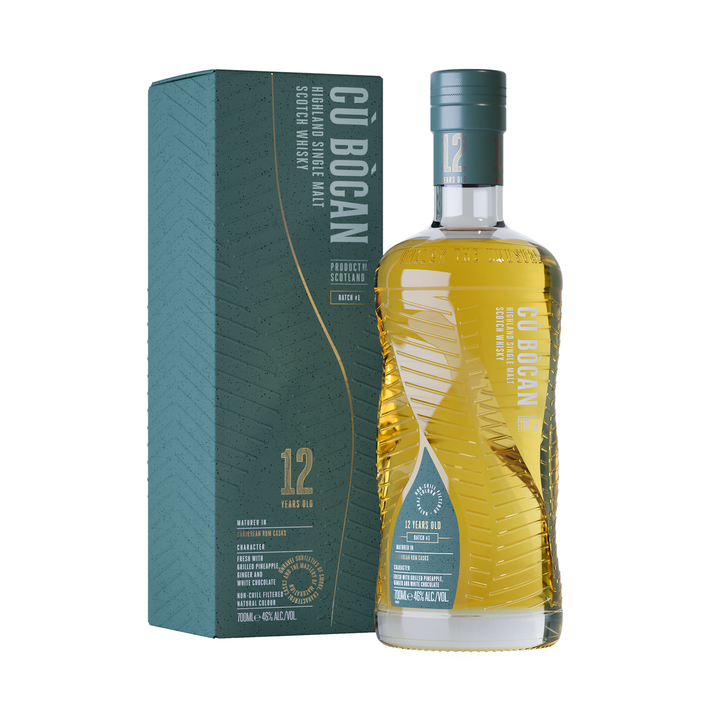 A bottle of cu bocan single malt 12 year old rum cask finish whisky with its teal and gold label in a lined and twisted bottle with gold whisky inside beside its teal and gold box