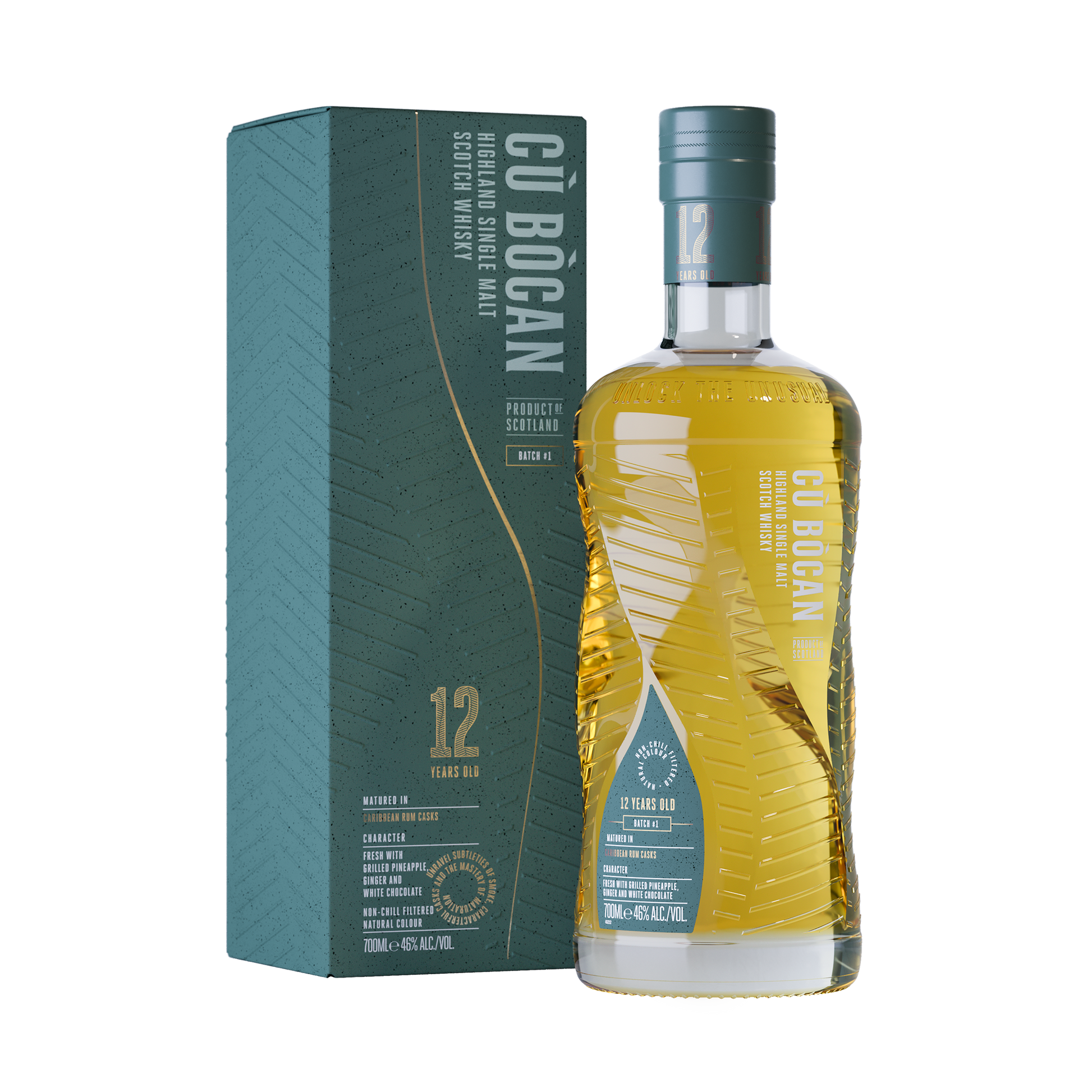 A bottle of cu bocan single malt 12 year old rum cask finish whisky with its teal and gold label in a lined and twisted bottle with gold whisky inside beside its teal and gold box
