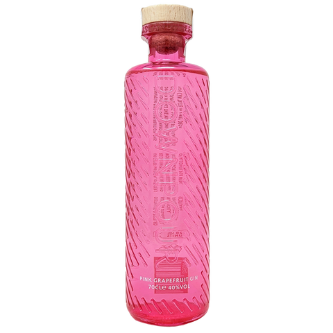 Bottle of downpours pink grapfruit gin from the north uist distillery in its bright pink bottle