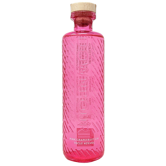 Bottle of downpours pink grapfruit gin from the north uist distillery in its bright pink bottle