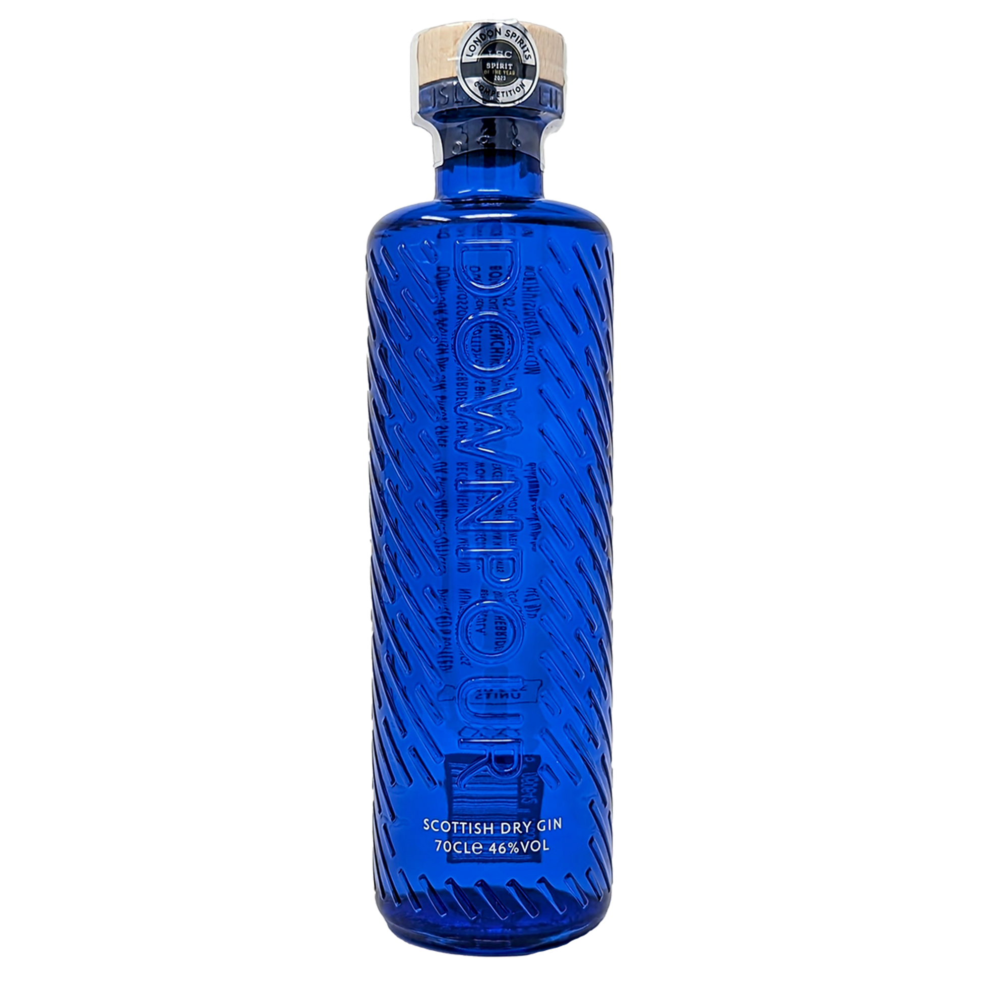 Bottle of downpours original scottish dry gin from the north uist distillery in its vibrant dark blue bottle 