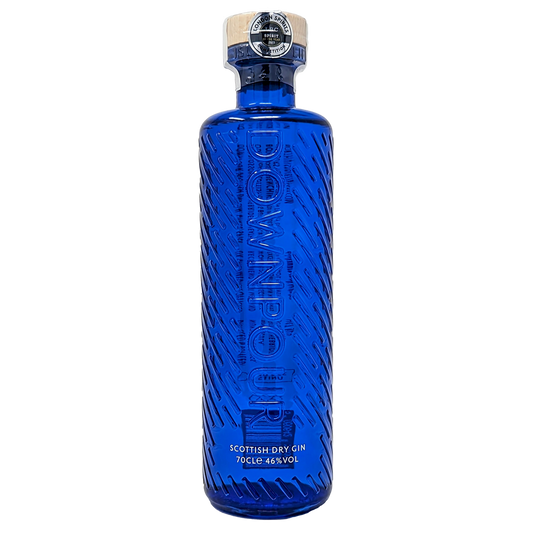 Bottle of downpours original scottish dry gin from the north uist distillery in its vibrant dark blue bottle 