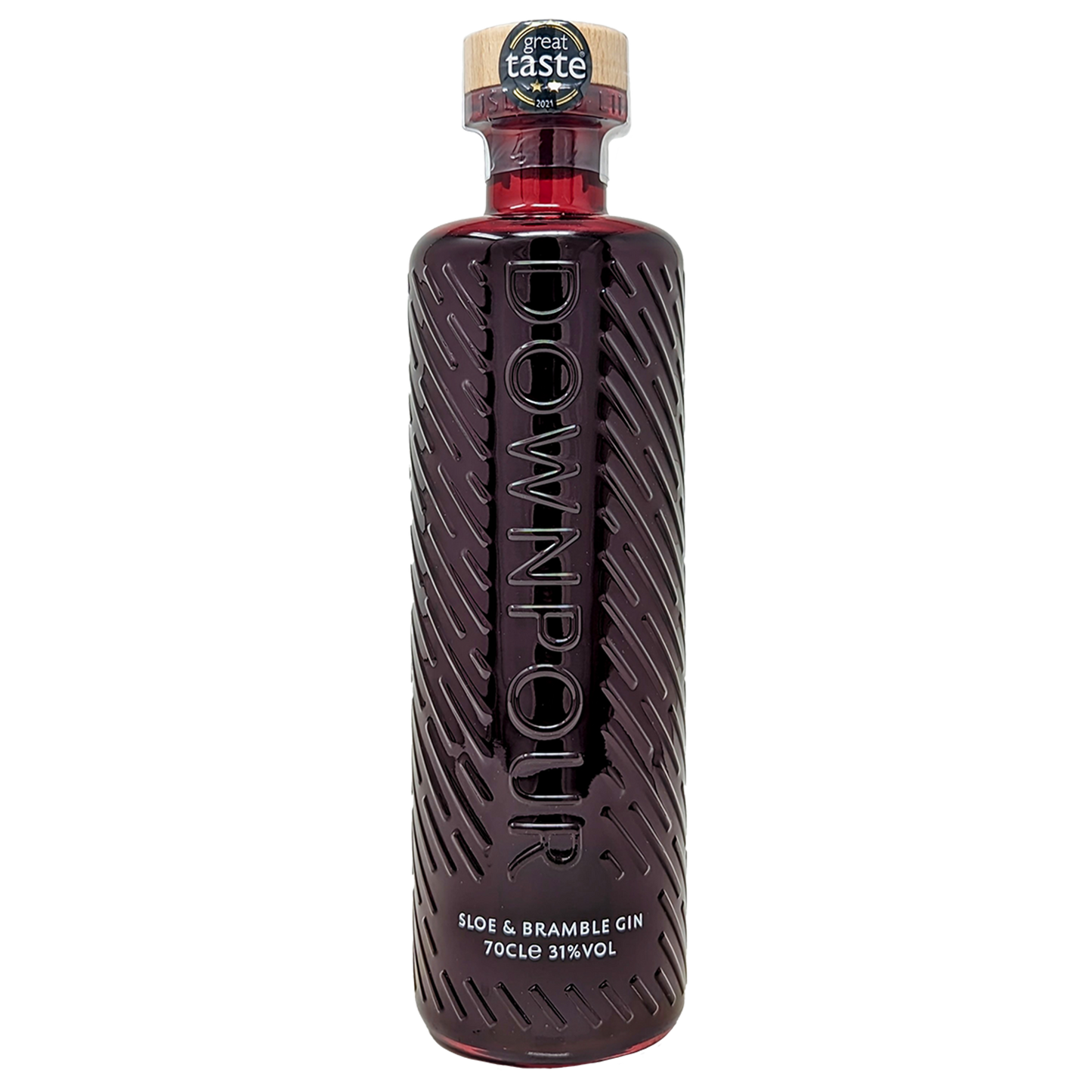Bottle of Downpour sloe & bramble gin from the north uist distillery in its dark red bottle 