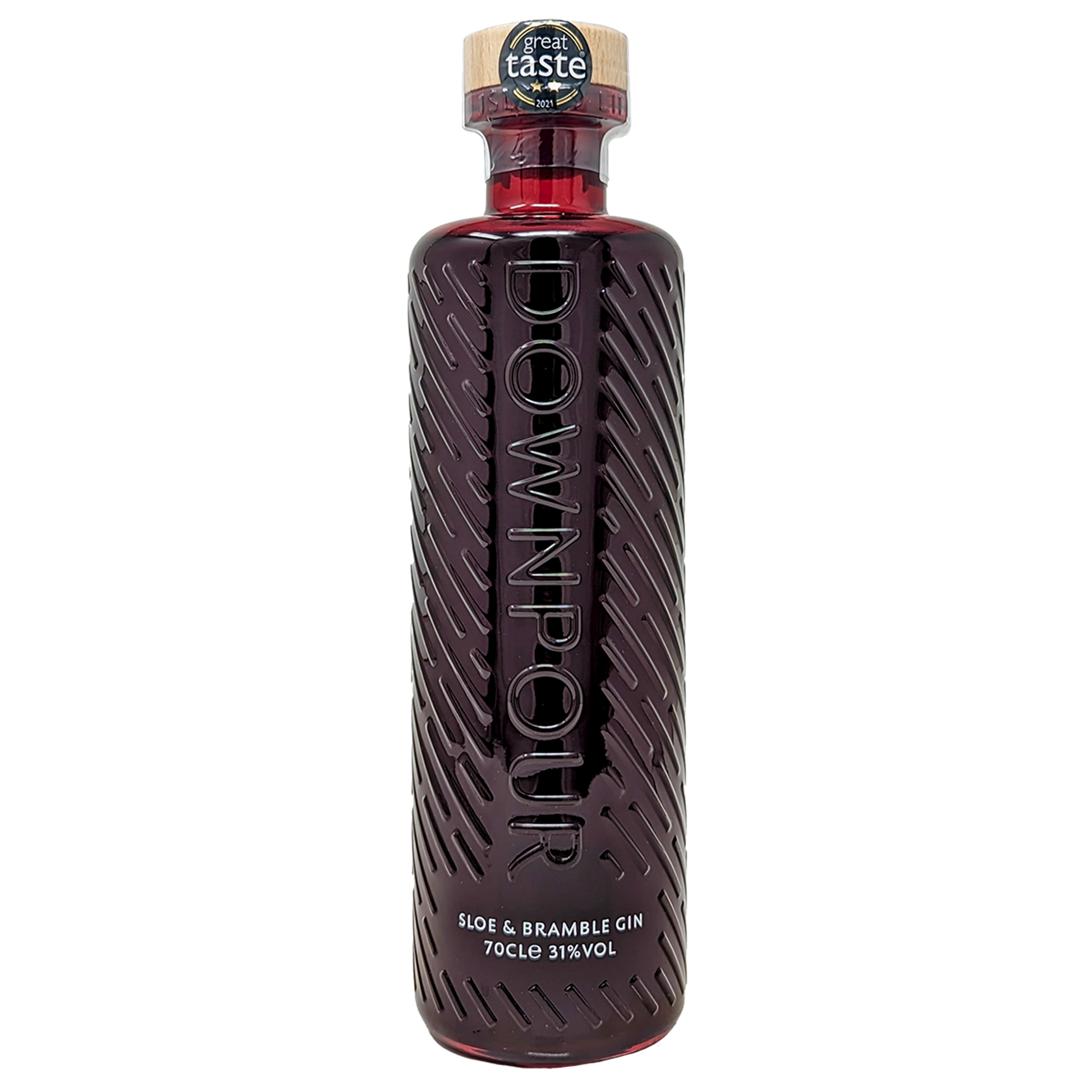 Bottle of Downpour sloe & bramble gin from the north uist distillery in its dark red bottle 