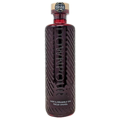 Bottle of Downpour sloe & bramble gin from the north uist distillery in its dark red bottle 