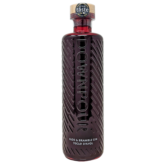 Bottle of Downpour sloe & bramble gin from the north uist distillery in its dark red bottle 