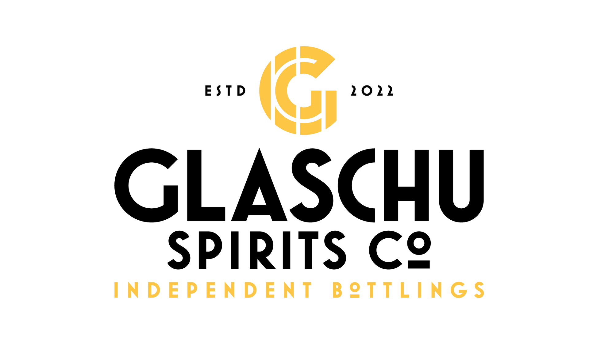 Logo for Glaschu Spirits Co Independent bottling. Large yellow G cut into sections with black Glaschu Spirits Co underneath and Independent bottlings in yellow underneath 