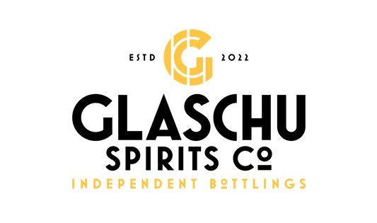 Logo for Glaschu Spirits Co Independent bottling. Large yellow G cut into sections with black Glaschu Spirits Co underneath and Independent bottlings in yellow underneath 