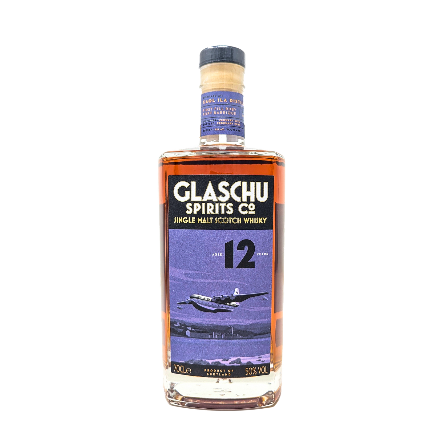 a bottle of caol ila  single malt whisky independantly bottled by Glaschu spirits Co with a purple label depicting the Sanders-Roe Princess, the biggest flying boat in the world, doing a low pass over the Caol Ila distillery