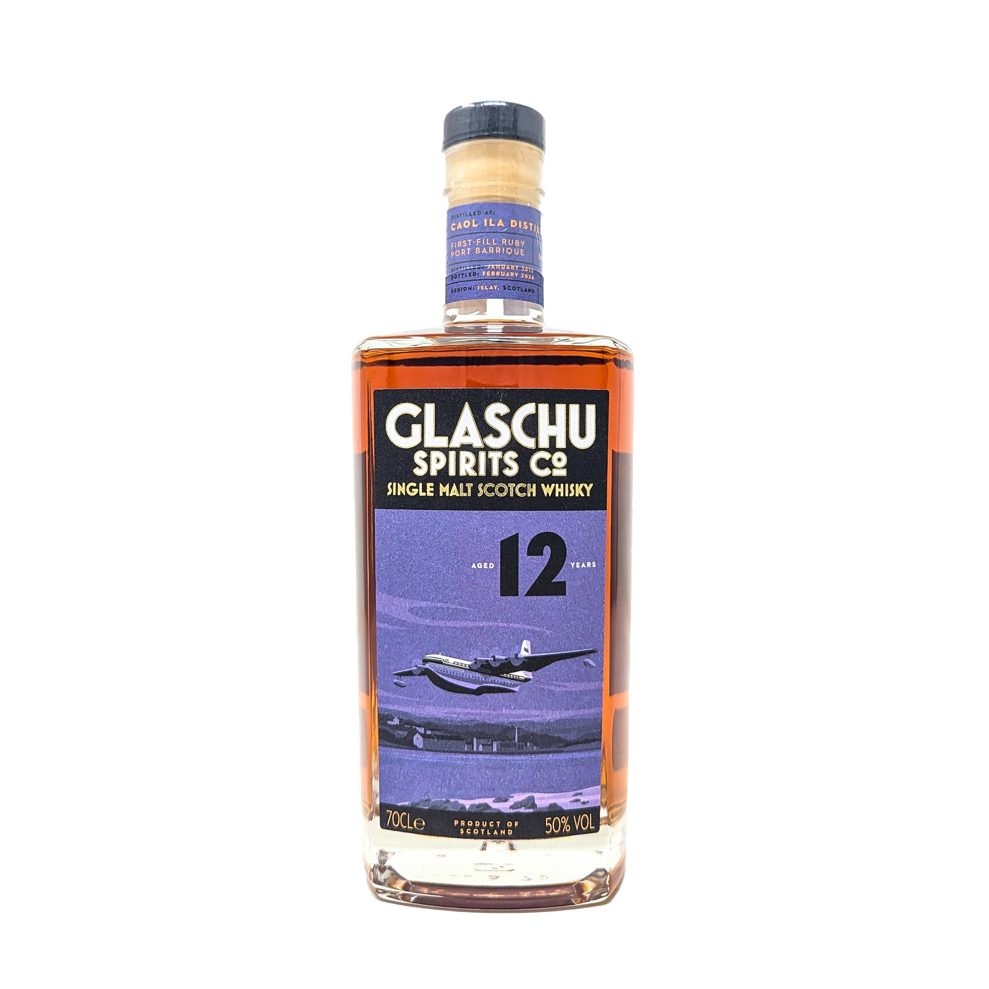 a bottle of caol ila  single malt whisky independantly bottled by Glaschu spirits Co with a purple label depicting the Sanders-Roe Princess, the biggest flying boat in the world, doing a low pass over the Caol Ila distillery