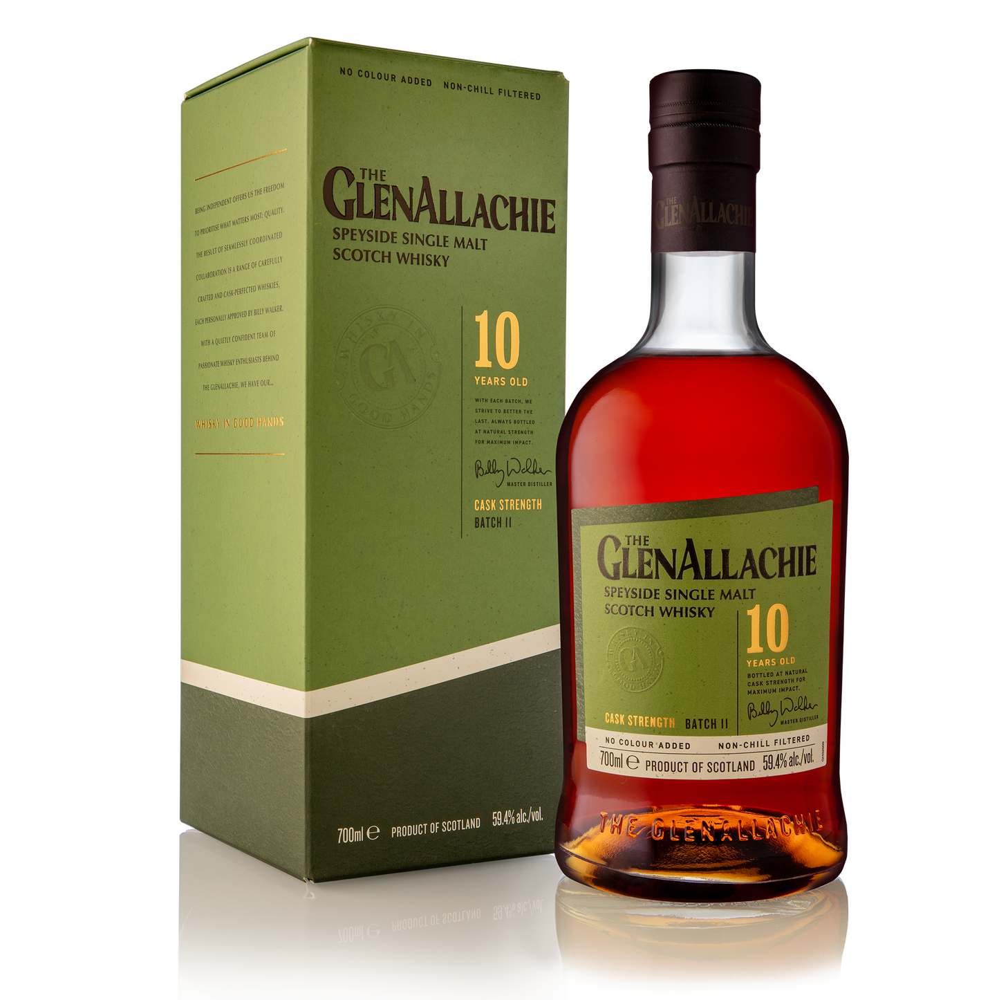 a bottle of glenallachie 10 year old single malt with its green label and black logo filled with dark red whisky beside its green carton with a black logo