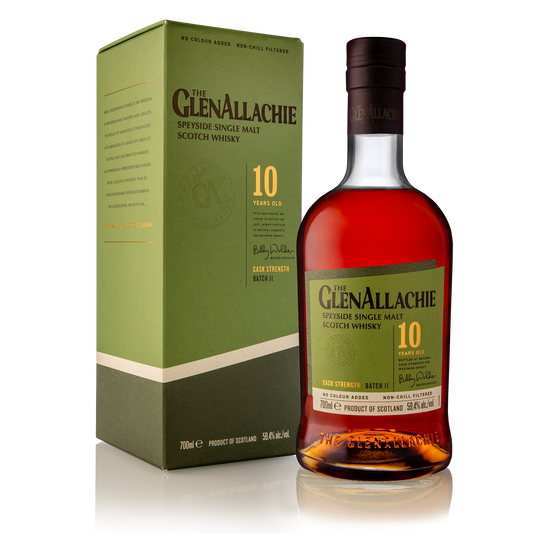 a bottle of glenallachie 10 year old single malt with its green label and black logo filled with dark red whisky beside its green carton with a black logo