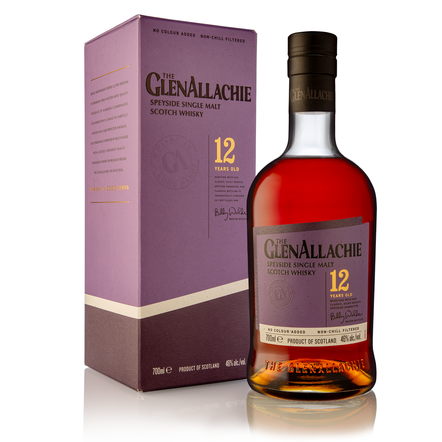 a bottle of glenallachie 12 year old single malt with its purple label and black logo filled with dark red whisky beside its purple carton with a black logo