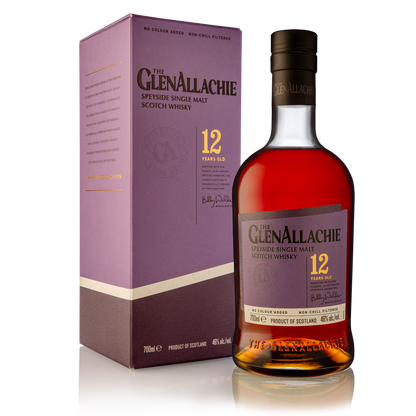 a bottle of glenallachie 12 year old single malt with its purple label and black logo filled with dark red whisky beside its purple carton with a black logo