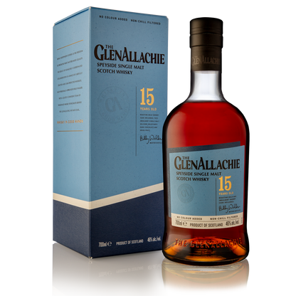a bottle of glenallachie 15 year old single malt with its light blue label and black logo filled with a dark red whisky beside its carton bright blue with a black logo 