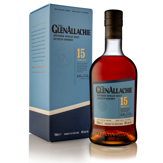 a bottle of glenallachie 15 year old single malt with its light blue label and black logo filled with a dark red whisky beside its carton bright blue with a black logo 