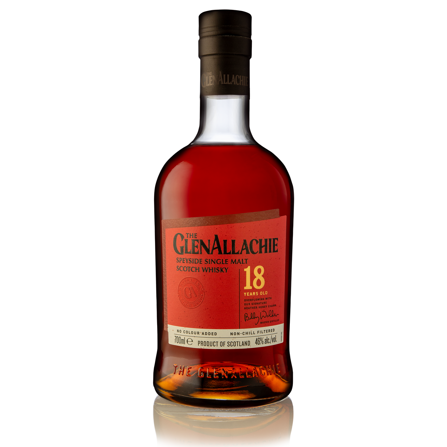 a bottle of glenallachie 18 year old single malt whisky with its red label and black logo filled with dark red whisky 