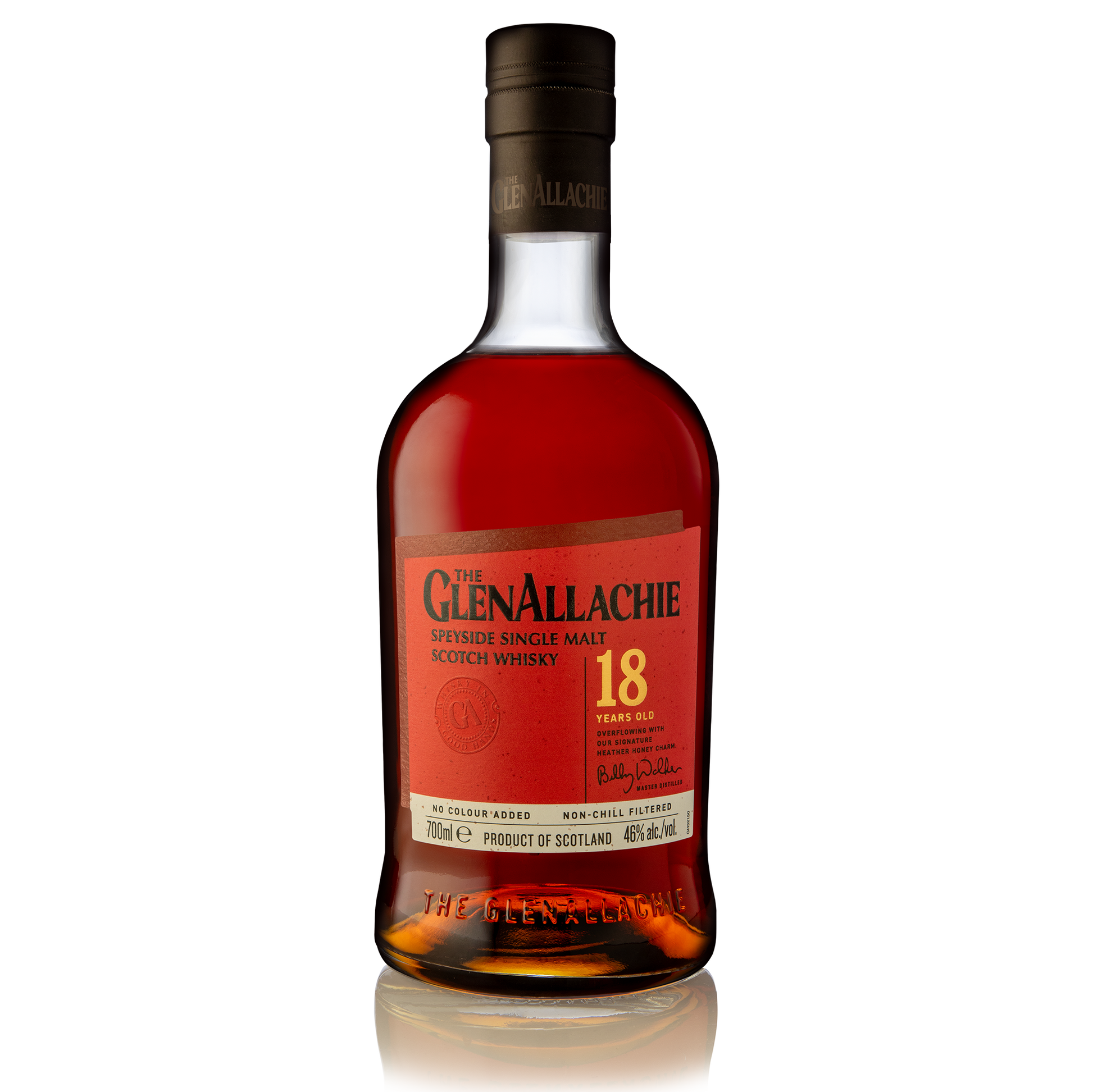 a bottle of glenallachie 18 year old single malt whisky with its red label and black logo filled with dark red whisky 