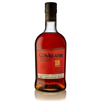a bottle of glenallachie 18 year old single malt whisky with its red label and black logo filled with dark red whisky 