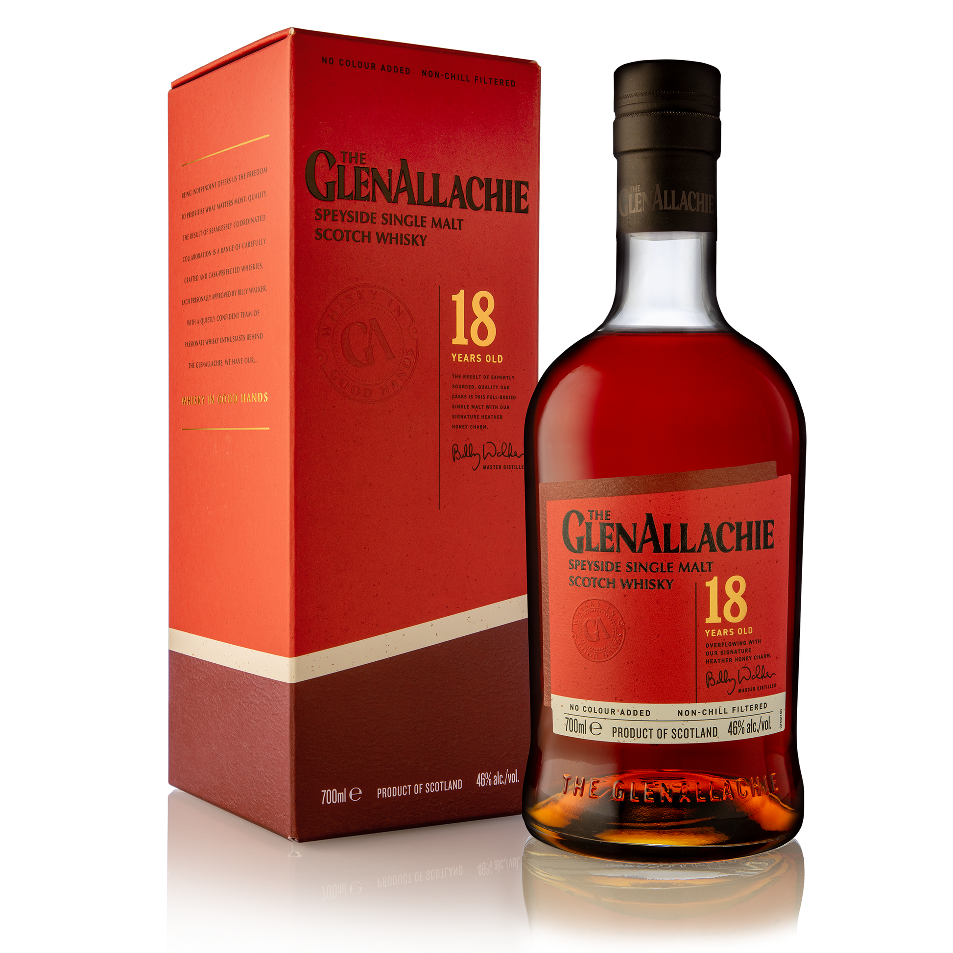 a bottle of glenallachie 18 year old single malt whisky with its red label and black logo filled with dark red whisky beside its red carton with black logo