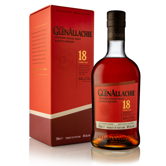 a bottle of glenallachie 18 year old single malt whisky with its red label and black logo filled with dark red whisky beside its red carton with black logo
