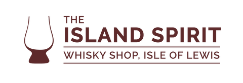 Island Spirit Whisky Shop logo horizontal with a smaller Glencairn logo to the left of the text in burgundy.