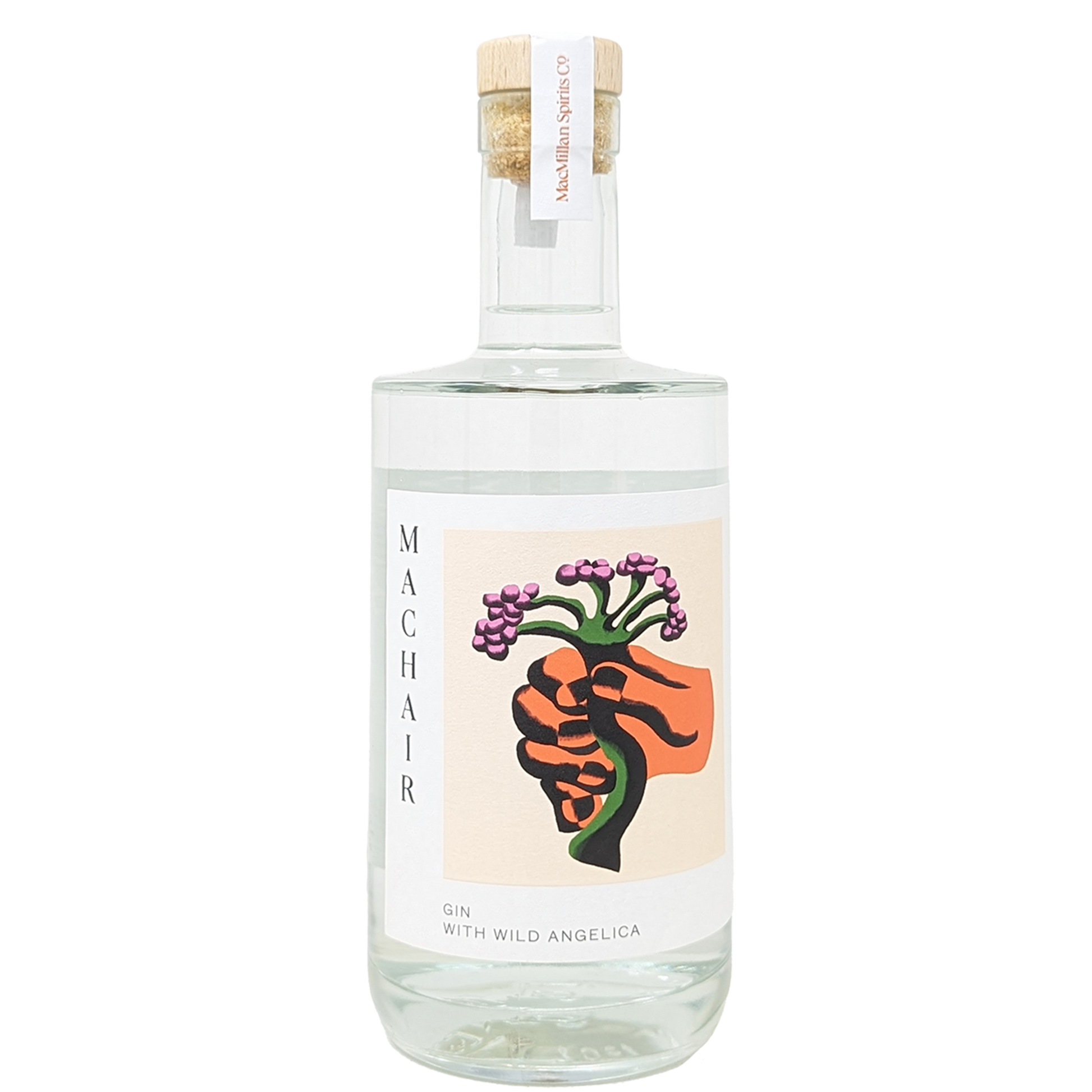a bottle of machair gin from the benbecula distillery with a label depicting a hand holding a wild angelica plant