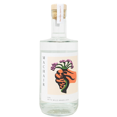 a bottle of machair gin from the benbecula distillery with a label depicting a hand holding a wild angelica plant