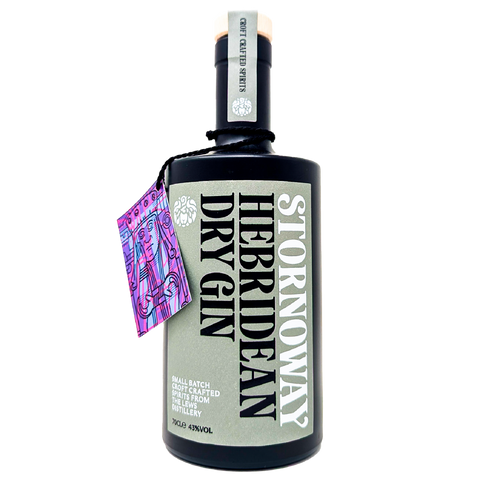 Bottle of Stornoway Hebridean Dry Gin with a grey label and small small purple label depicting the king from the Lewis chess man 