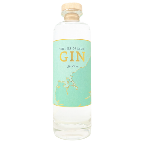 Bottle of The Isle of Lewis Gin with a light blue label on a white background
