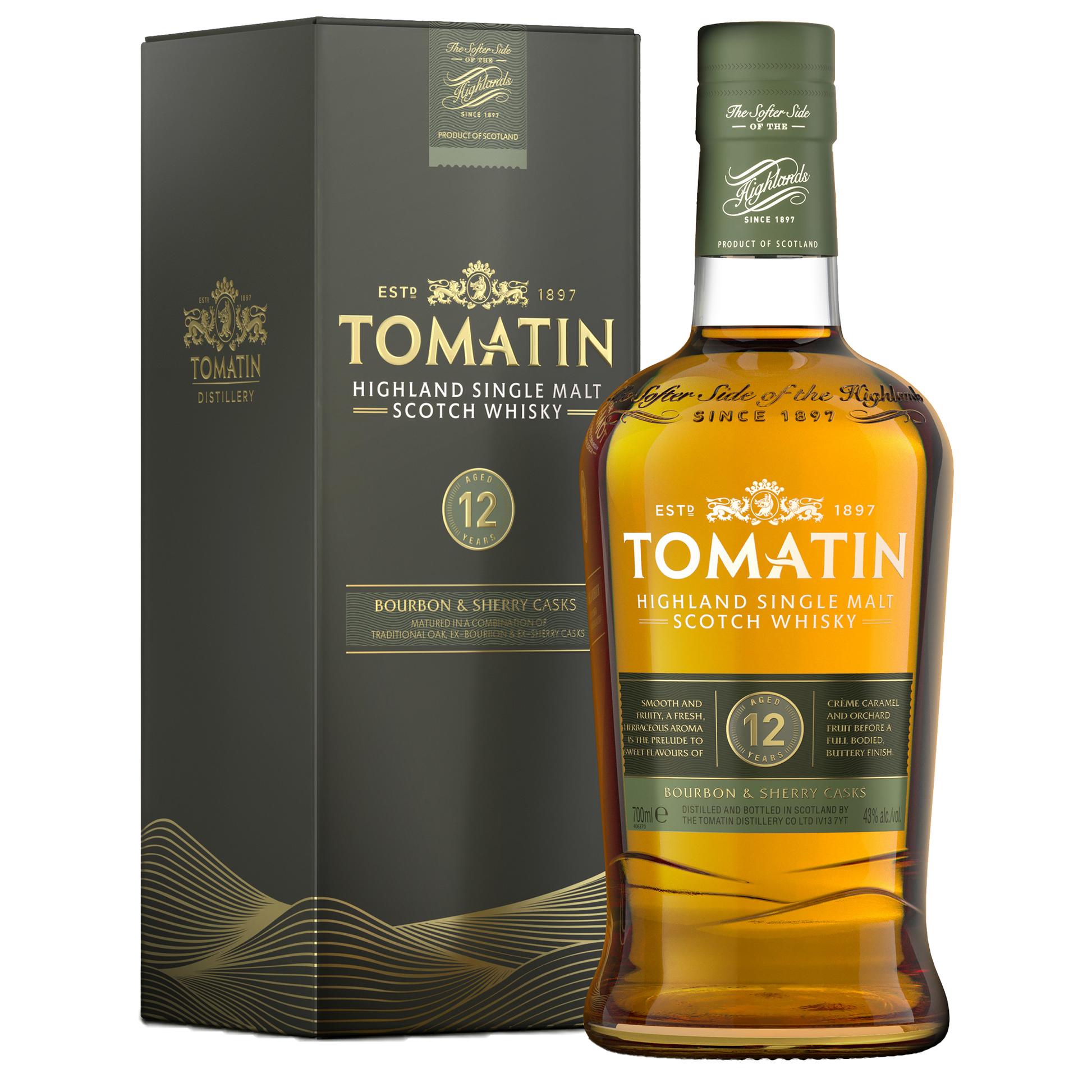A bottle of tomatin 12 single malt whisky with its dark green label and gold writing filled with amber whisky beside its dark green carton with gold writing. 